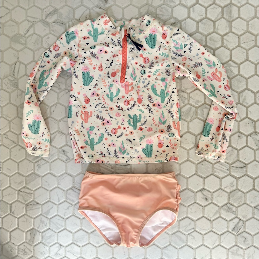 RuffleButts Girls Long Sleeve Rash Guard 2pc Swimsuit Set w/UPF 50+ & Zipper 5T